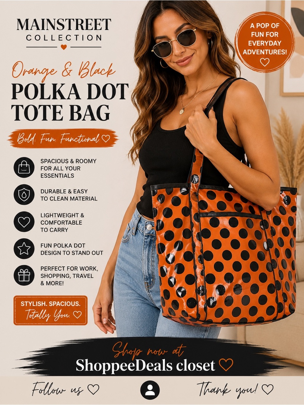 Mainstreet Collection (MSC) Orange & Black Polka Dot Tote Bag